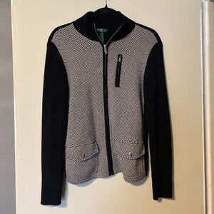 Lauren Ralph Lauren Cardigan Sweater Black White Herringbone Women's M petite